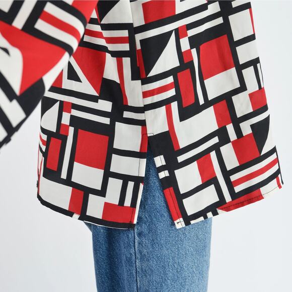 Vintage Geometric Modern Artsy Collared Button Down Blouse Red Beige Black M - Picture 5 of 8